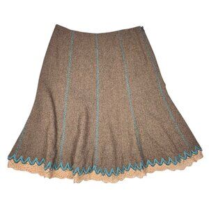 Tibi Lace Trim Skirt Sz.S Tan Wool Tweed Embroidered A-Line Retro Whimsical